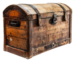Antique wooden treasure chest with metal detailing, cut out - stock png.