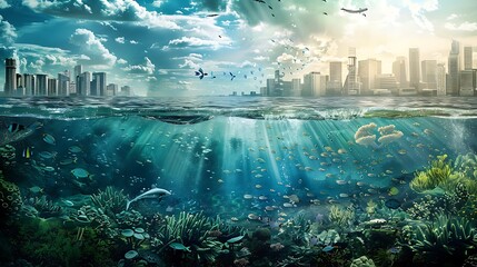 Obraz premium surreal cityscape above water level with underwater view below showing colorful coral reefs for Ecosystem Concept of diverse marine life.