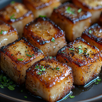 Grilled sticky rice cake topped with thinly sliced ​​spring onions