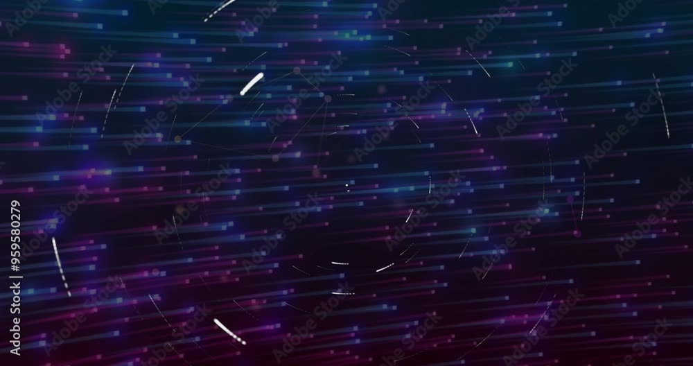 Poster colorful light streaks and particles moving in circular patterns, animation over dark background