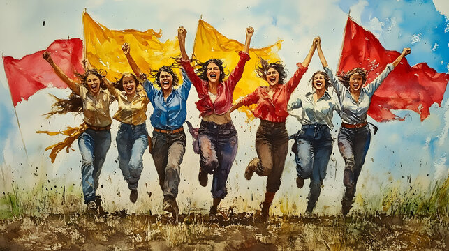 A group of women joyfully running with colorful flags in a field.
