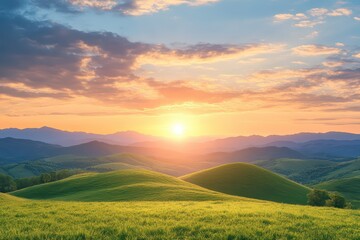 Obraz premium Bright sunrise over rolling hills, representing hope and new opportunities.