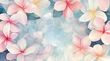 A flat vector illustration of a Plumeria border, intricate pattern with overlapping flowers , With some space in the area for text, soft pastel shades, painted with subtle textures