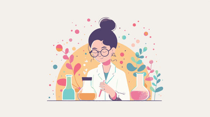 A flat illustration of a female scientist with glasses, in her laboratory white background,

