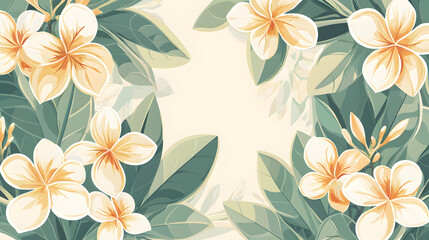 A flat vector illustration of a Plumeria border, intricate pattern with overlapping flowers , With some space in the area for text, soft pastel shades, painted with subtle textures