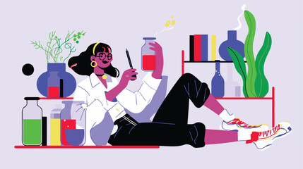 A flat illustration of a female scientist with glasses, in her laboratory white background,
