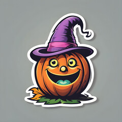 halloween pumpkin with witch hat, leaves, cartoon style sticker, orange, purple and yellow, funny pumpkin