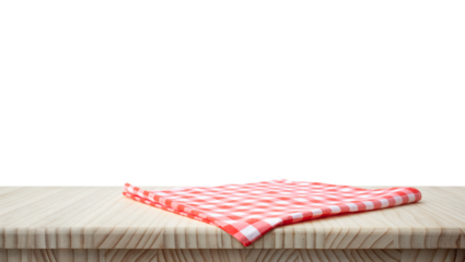 Fabric red cloth or placemat on wood table top.transparent mock up die cut