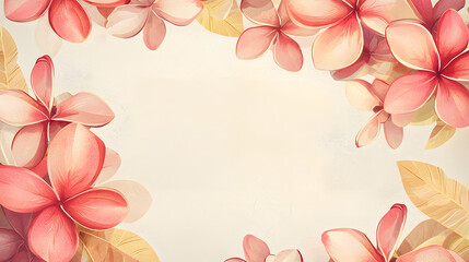 Naklejka premium A flat vector illustration of a Plumeria border, intricate pattern with overlapping flowers , With some space in the area for text, soft pastel shades, painted with subtle textures