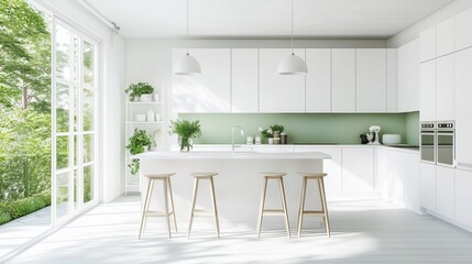 Fototapeta premium A white kitchen with a green wall.