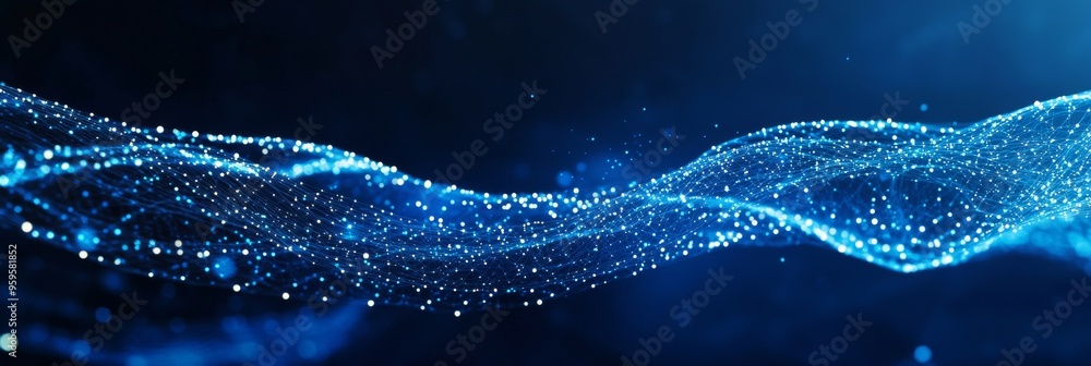 Poster glowing digital wave of data particles in deep blue cyber network - modern abstract background
