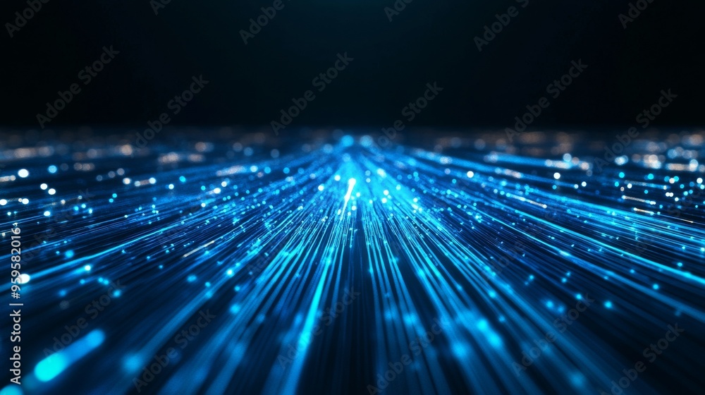 Poster futuristic cyber network visualization with neon blue lines on black background, symbolizing secure 