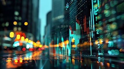 Abstract representation of financial data with modern cityscape background for illustrating financial interconnectedness and dynamic urban life concept.