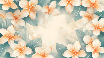 Fototapeta premium A flat vector illustration of a Plumeria border, intricate pattern with overlapping flowers , With some space in the area for text, soft pastel shades, painted with subtle textures