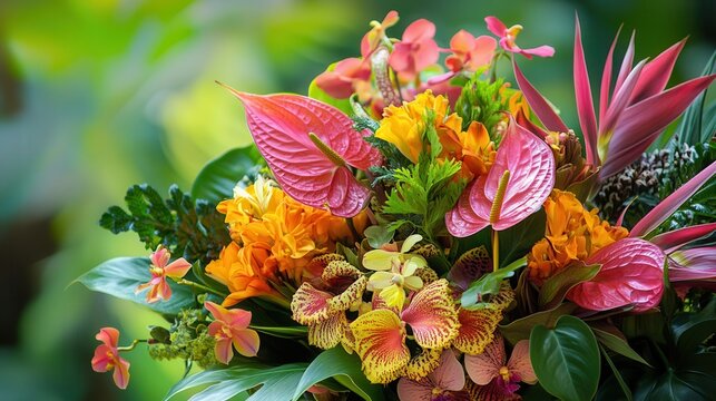 A stunning arrangement of tropical flowers highlights the beauty of orchids, birds of paradise, and anthuriums in a bold display. Generative AI
