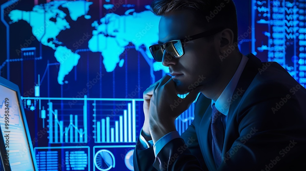 Poster businessman is analyzing computer screen data with digital global data visualization for financial d