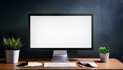 Fototapeta premium Sleek Computer Setup: Empty Screen on Wooden Desk with Dark Wall Backdrop for Professional Mockups