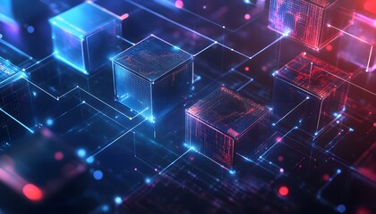 Fototapeta premium Abstract 3D Render of Glowing Cubes Connected by Lines