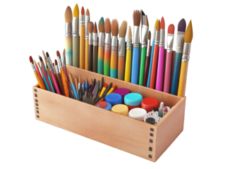 Colorful Paintbrushes and Paints in Wooden Box
