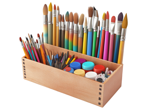 Colorful Paintbrushes and Paints in Wooden Box