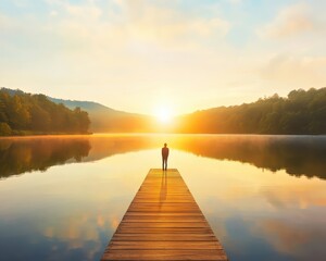 Person standing on a dock, looking out at a calm lake at sunrise, symbolizing a new beginning.