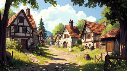 Obraz premium An illustration of the small medieval fantasy village. medieval fantasy. village. illustration. Medieval Village. Illustration