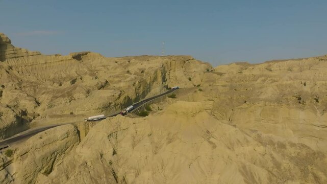 Wide angle shot of Buzi pass top in Makran coastal Highway at Balochistan, Pakistan during afternoon. Drone view.