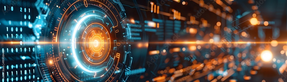 Poster futuristic digital interface with glowing neon graphics and data streams, showcasing advanced techno