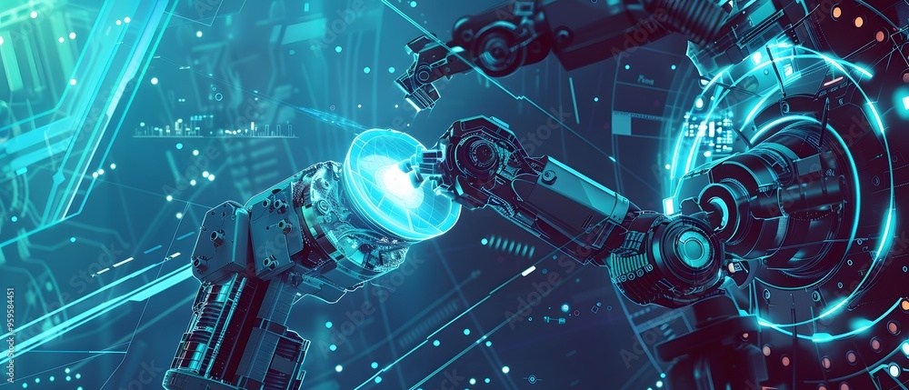 Poster futuristic robotic arms working together in a high-tech environment, symbolizing advanced technology
