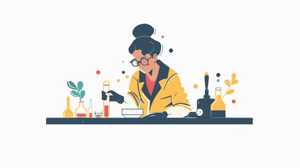 A flat illustration of a female scientist with glasses, in her laboratory white background,
