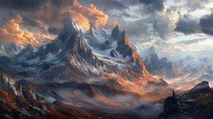 A majestic mountain range with snow-capped peaks, shrouded in mist, bathed in the warm glow of a setting sun.
