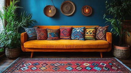 A bohemian living room with a vibrant collection of patterned throw pillows in tribal designs, adding personality and comfort to a rustic couch. The room is decorated with indoor plants, woven rugs,