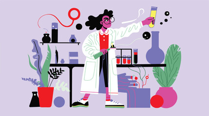 A flat illustration of a female scientist with glasses, in her laboratory white background,
