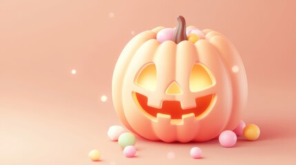 A charming pastel pumpkin with a joyful face, surrounded by colorful candy eggs, perfect for Halloween decor.
