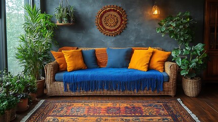 A bohemian living room with vibrant, fringed throws draped over a cozy sofa, adding warmth and color to the space. The room features rattan furniture, indoor plants, and soft ambient lighting,