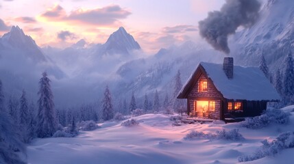 Fototapeta premium A cozy wooden cabin with smoke rising from the chimney sits on a snowy mountainside at sunset.