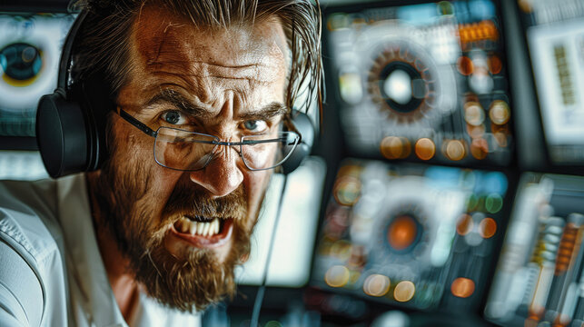 An angry television director in the control room. Generative AI.