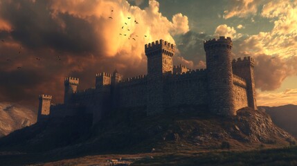 Fototapeta premium A majestic stone castle sits atop a hill, with a dramatic sky of dark clouds and birds flying overhead.