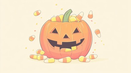 A cheerful Halloween pumpkin filled with candy, capturing the fun and festive spirit of the spooky season.