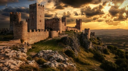 A majestic stone castle perched atop a rocky cliff with a dramatic sunset sky behind it.