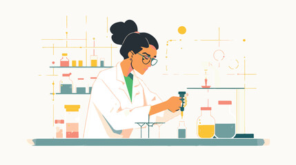 A flat illustration of a female scientist with glasses, in her laboratory white background,
