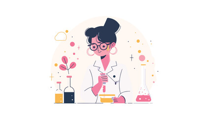 A flat illustration of a female scientist with glasses, in her laboratory white background,
