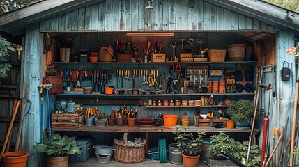 Garden shed with neatly sorted tools on rustic shelves, outdoor organization. Generative AI.