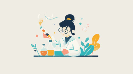 A flat illustration of a female scientist with glasses, in her laboratory white background,
