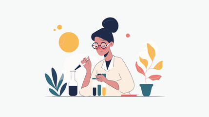 A flat illustration of a female scientist with glasses, in her laboratory white background,
