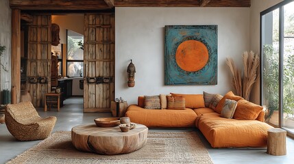 A cozy bohemian living room with bold wall art in abstract patterns, adding color and energy to the space. The room features natural wood furniture, woven textiles, and warm lighting,