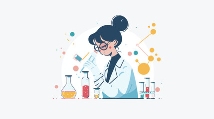 A flat illustration of a female scientist with glasses, in her laboratory white background,
