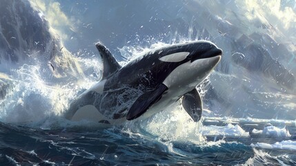 Fototapeta premium Orca Whale Jumping Out of the Water with Icebergs in the Background