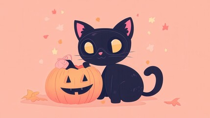 Obraz premium A cute black cat sitting beside a smiling pumpkin, surrounded by autumn leaves and a playful autumn theme.