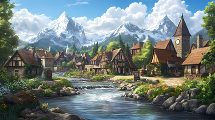 Naklejka premium Small fantasy village by a river with mountains in background. Medieval Village. Illustration